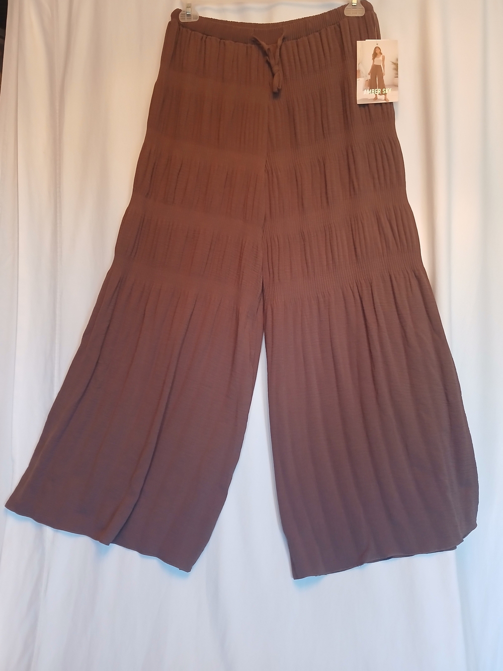 Amber Sky Brown Crinkle Textured Wide Leg Flowy Pull On Pants L New!